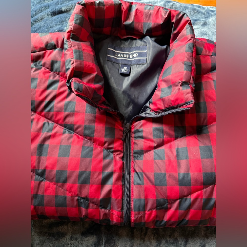 Lands' End Red and Black Checkered Puffer Vest - Picture 10 of 12